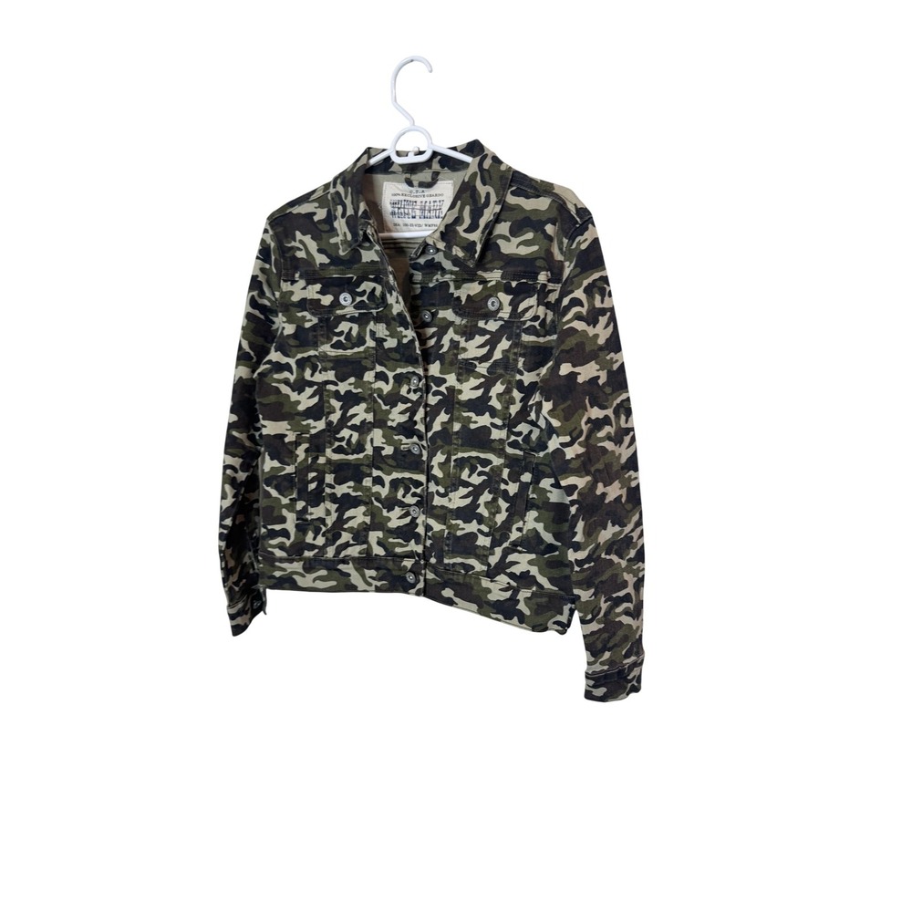 White Mark Jacket Womens Small Green Camo Denim Button Front Stretch Casual